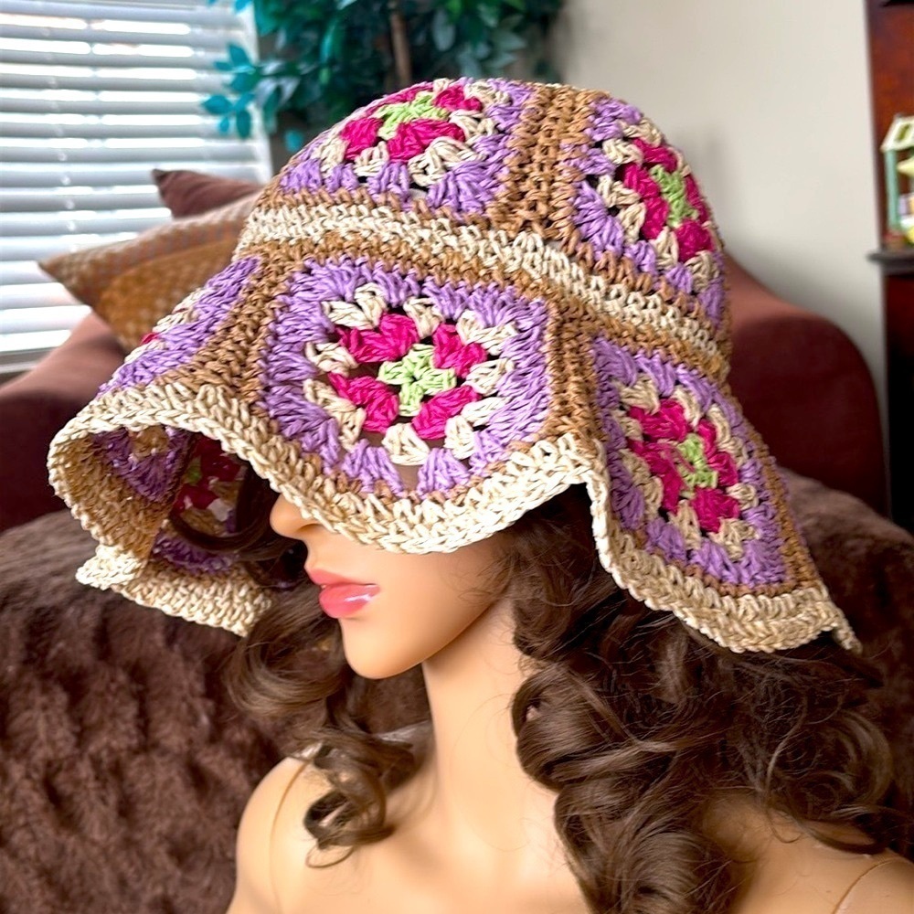 Brand New BCBGeneration Straw Woven Hat Crochet Patchwork Floral Floppy Beach - Picture 6 of 15